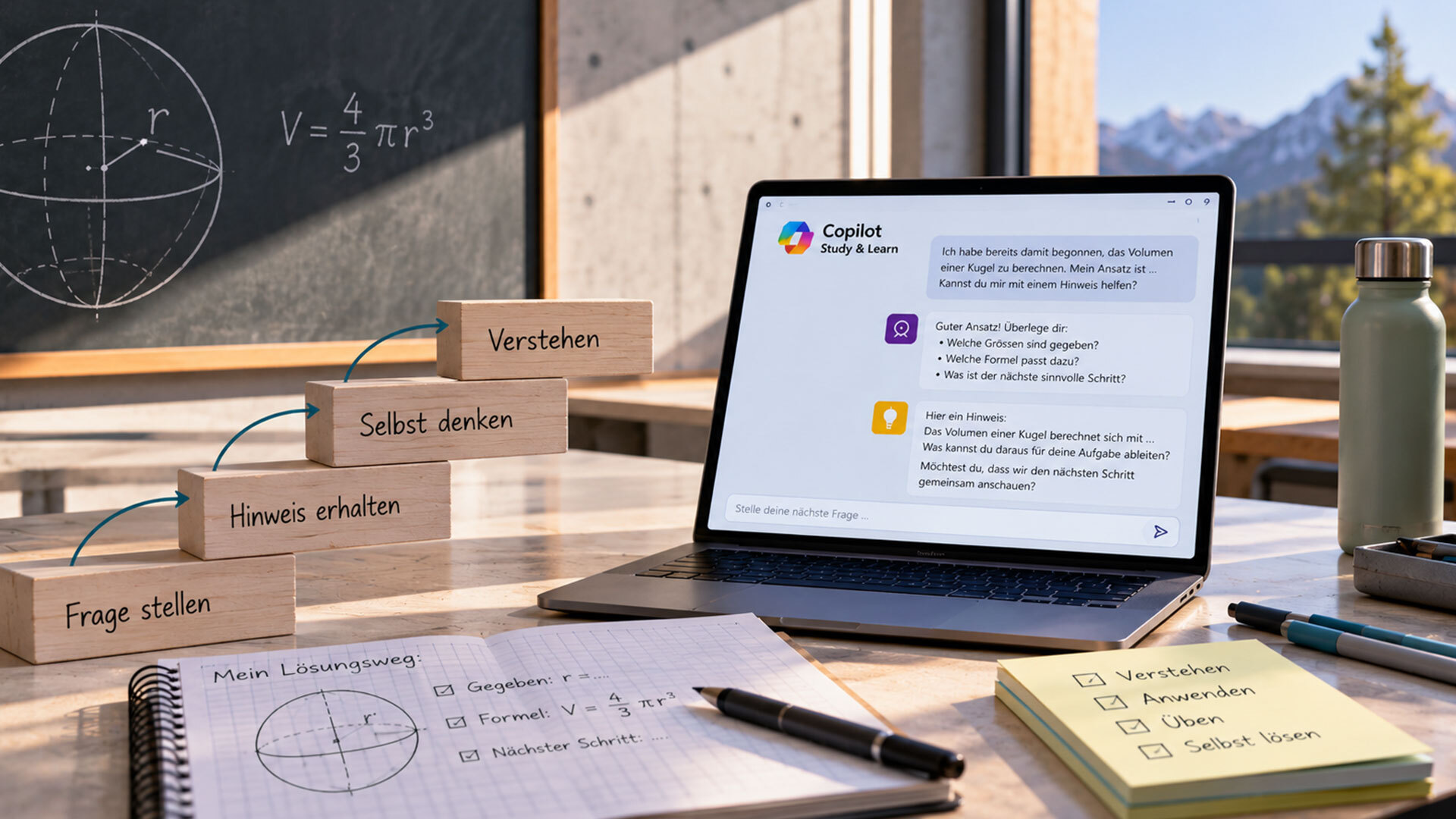 Interaktive Lernumgebung mit Laptop, Notizbuch und Holzsteinen für verschiedene Lernstrategien.