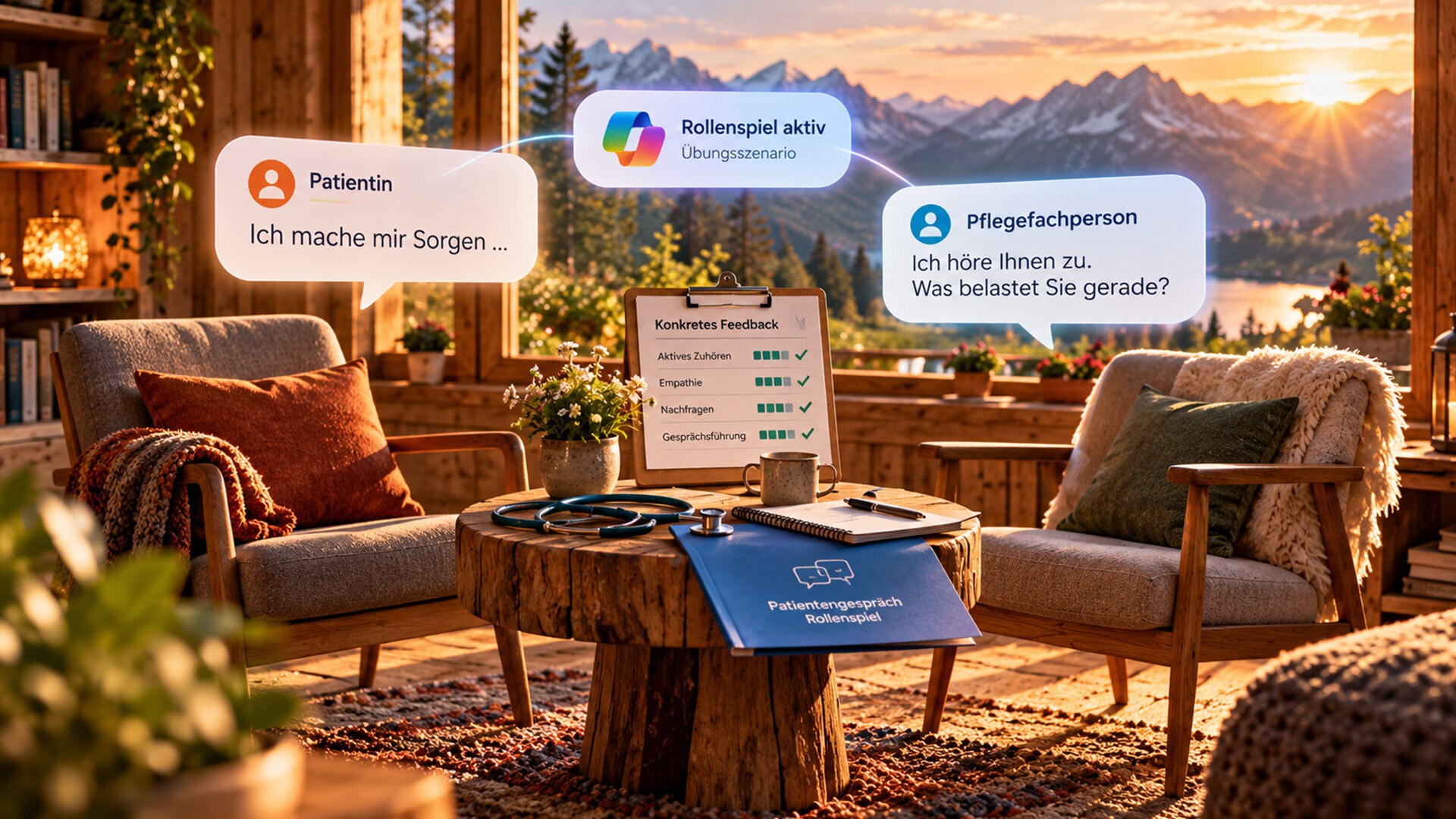 Gemütliche Sitzecke mit Chatblasen, die ein Rollenspiel zwischen Patientin und Pflegefachperson zeigen. Berge im Hintergrund.