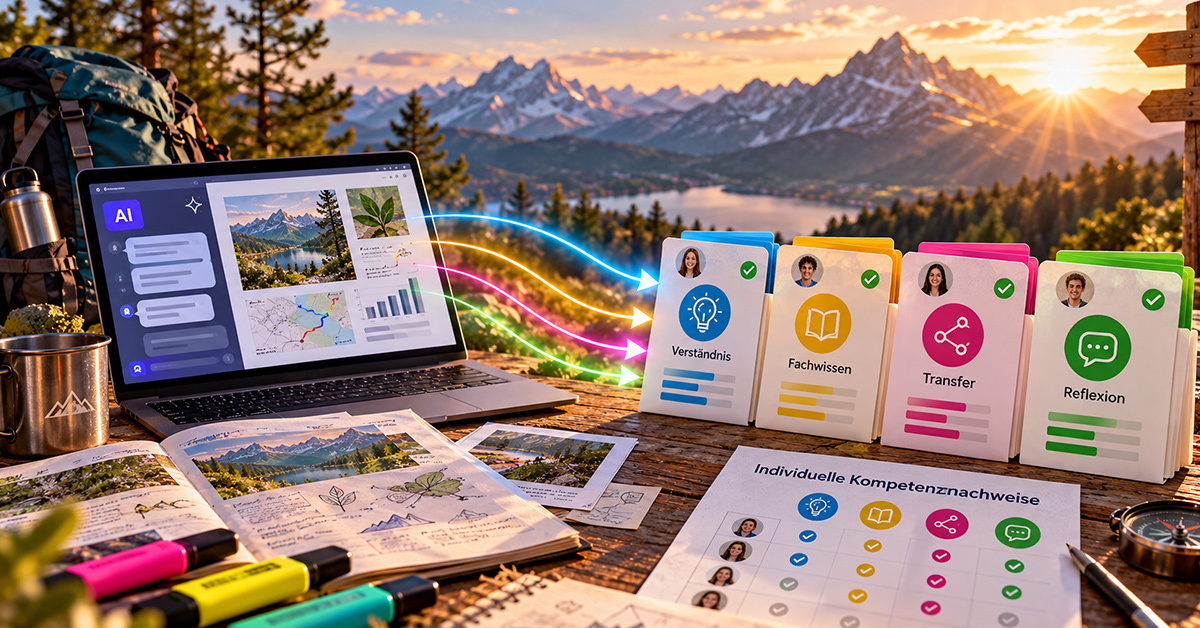 Digitales Arbeitsumfeld mit Laptop, einem Blick auf Berge und Unterlagen zu Kompetenznachweisen.