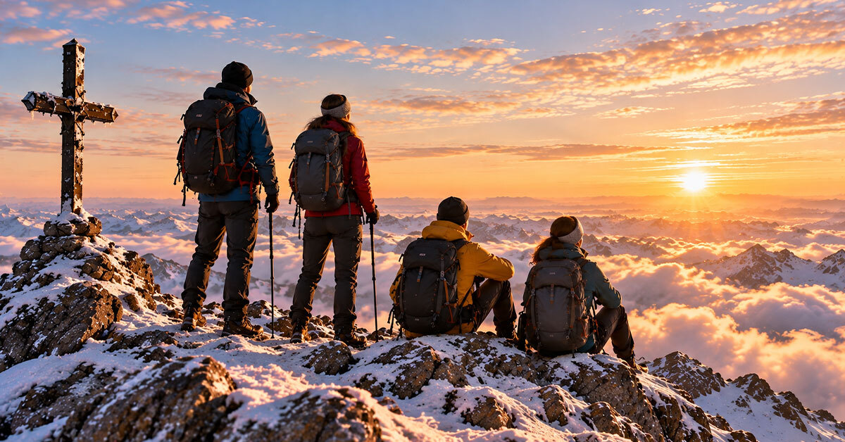 Vier Wanderer betrachten den Sonnenuntergang über einer Wolkendecke, mit verschneiten Bergen im Hintergrund.