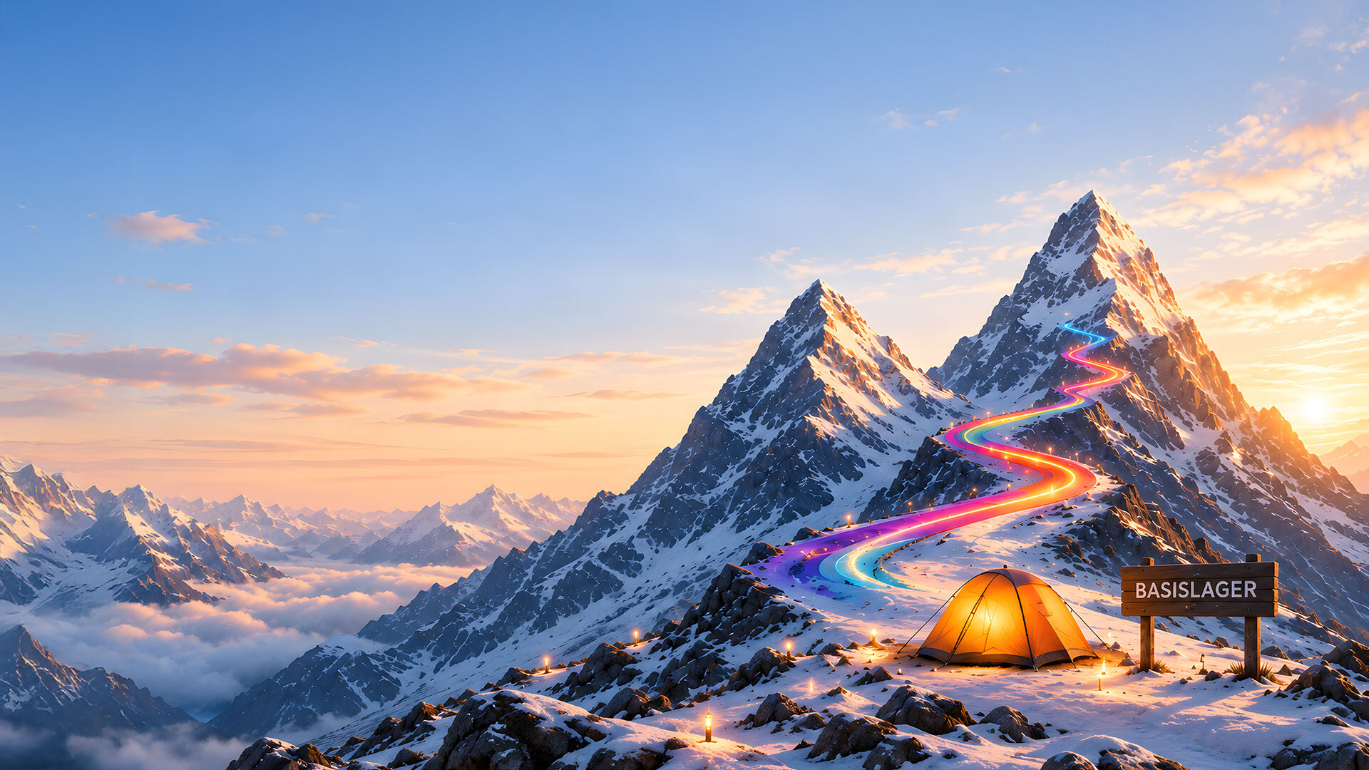 Berglandschaft mit einem orangefarbenen Zelt, einem multicolorisierten Weg und einem Schild mit der Aufschrift "BASISLAGER".