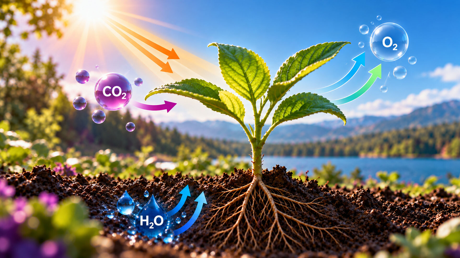 Pflanze mit Wurzeln im Boden, umgeben von Symbolen für Wasser, Kohlenstoffdioxid, Sauerstoff und sonnigem Hintergrund.