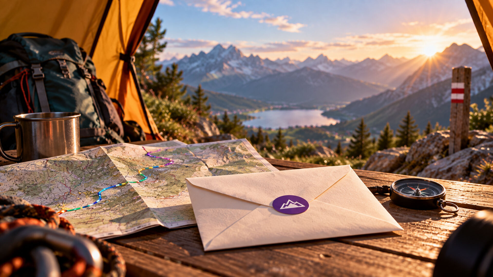 Briefumschlag auf einem Tisch mit Karte, Kompass und Ausrüstung vor einer Berglandschaft beim Sonnenaufgang.