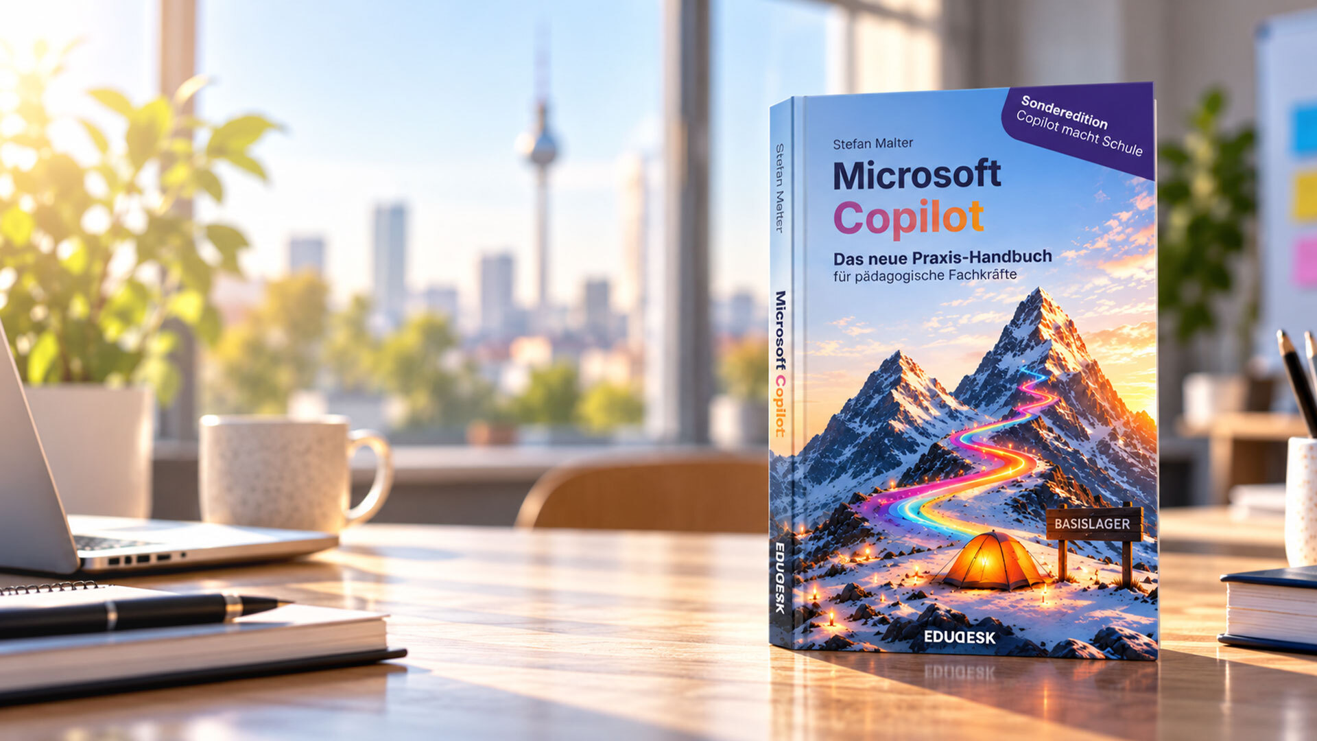 Buchcover "Microsoft Copilot" mit bergiger Landschaft und Stadtansicht im Hintergrund.